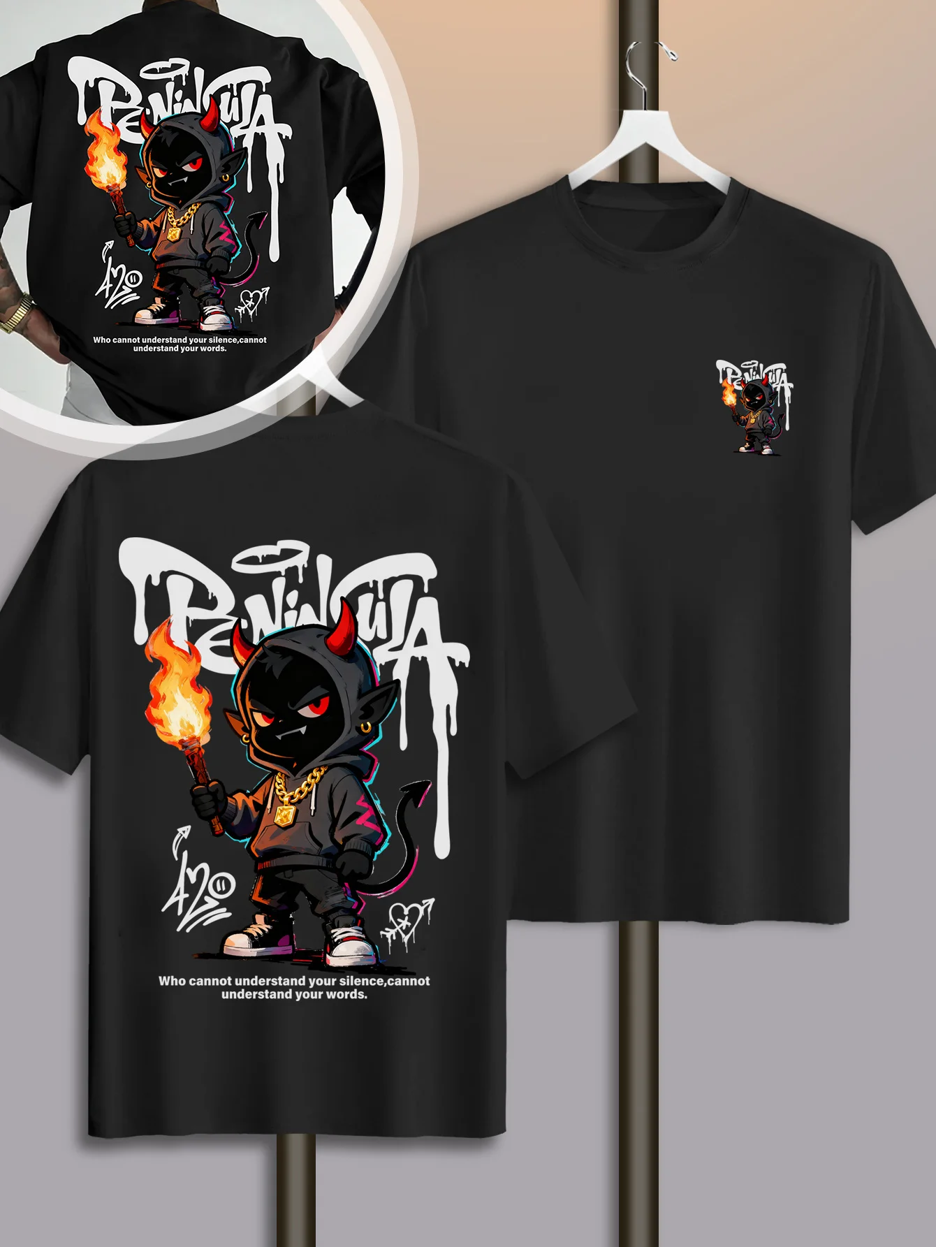 Streetwear Style Cartoon Devil Graffiti Print on Premium 100% Cotton Mens T Shirt Perfect for Summer Urban Style