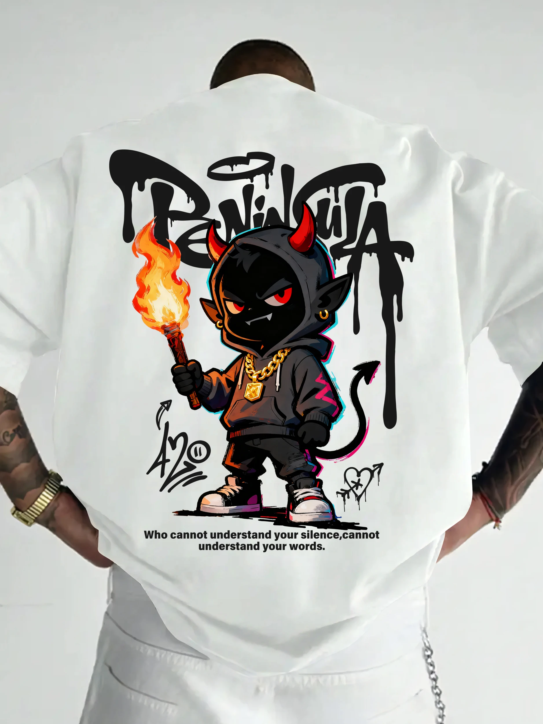 Streetwear Style Cartoon Devil Graffiti Print on Premium 100% Cotton Mens T Shirt Perfect for Summer Urban Style