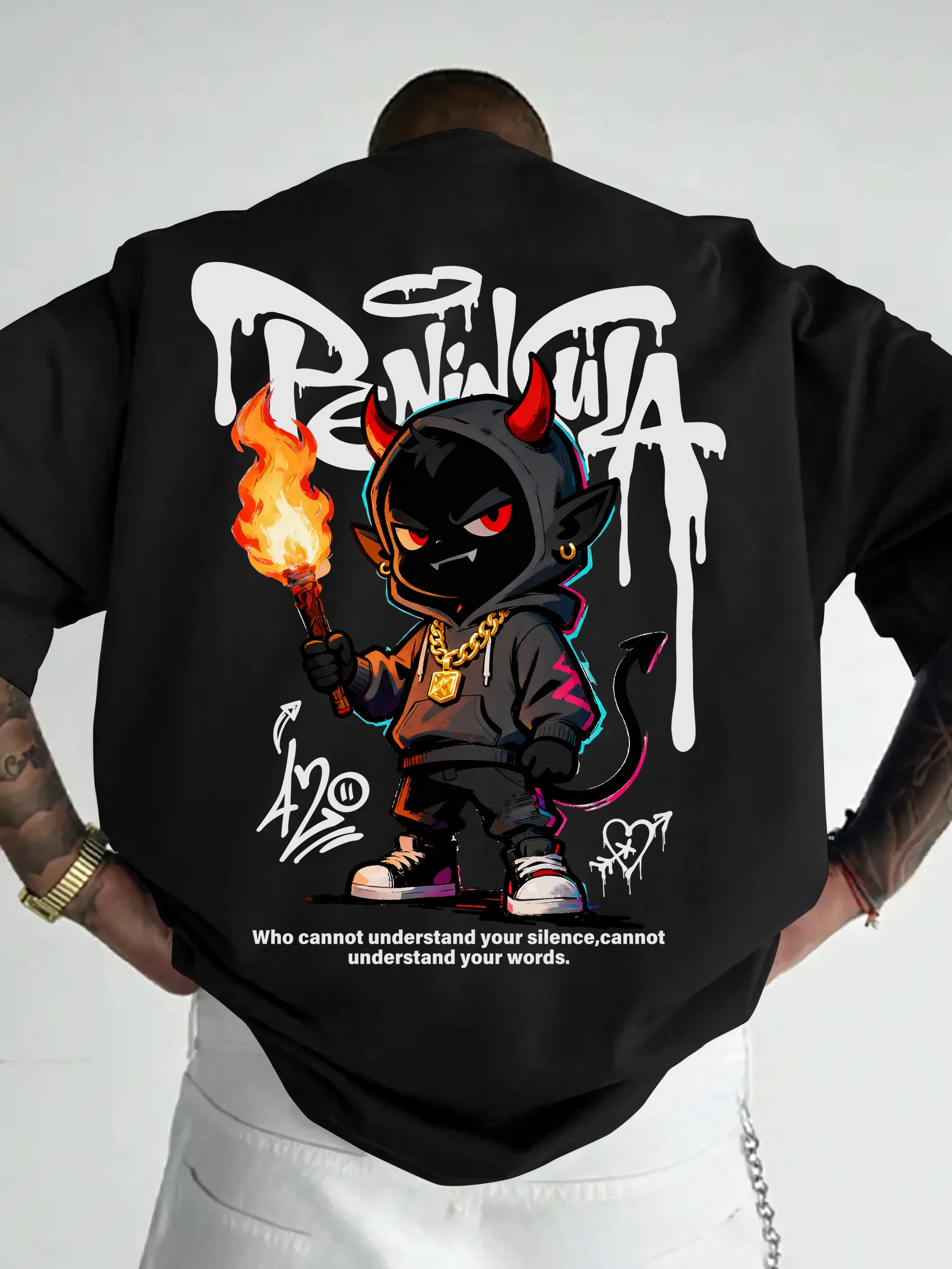 Streetwear Style Cartoon Devil Graffiti Print on Premium 100% Cotton Mens T Shirt Perfect for Summer Urban Style