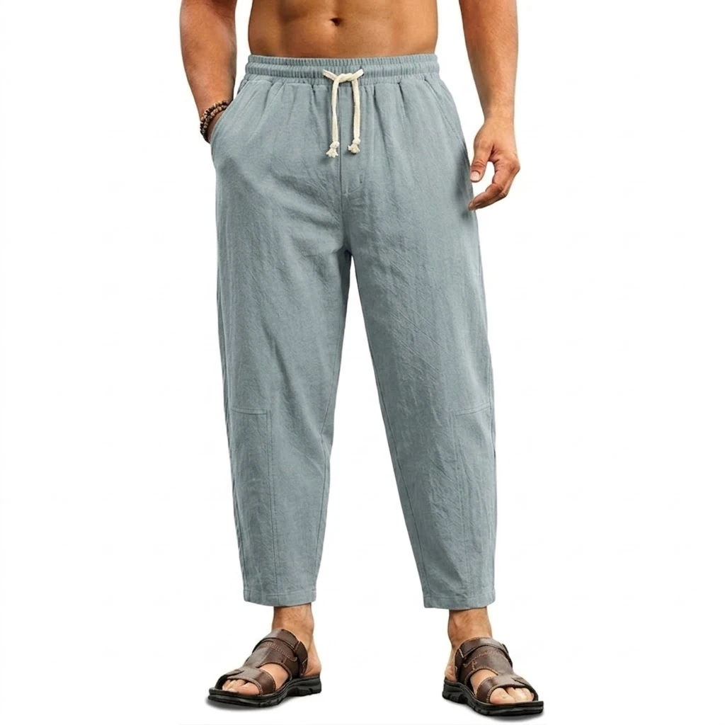 Summer Men's Linen Trousers Solid Color Casual Pants for Men Sport Breathable Baggy Pant Beach Lightweight Cotton Work Pants