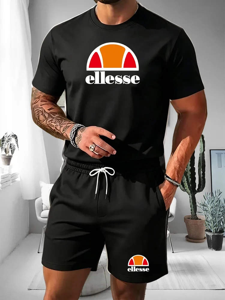 Ellesse Men's Summer Casual Sports Set Short Sleeve T-Shirt + Shorts Two-Piece Trendy Print Breathable Quick-Dry Fitness Wear
