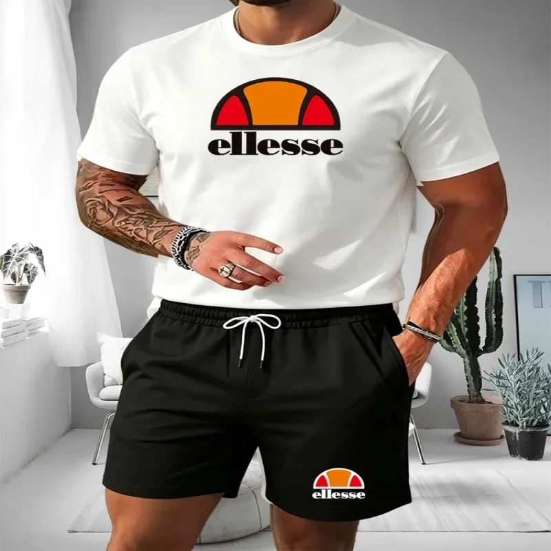 Ellesse Men's Summer Casual Sports Set Short Sleeve T-Shirt + Shorts Two-Piece Trendy Print Breathable Quick-Dry Fitness Wear