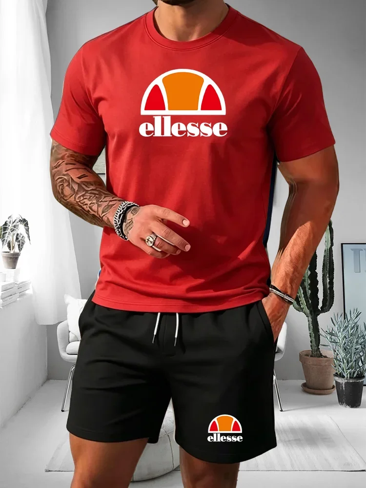 Ellesse Men's Summer Casual Sports Set Short Sleeve T-Shirt + Shorts Two-Piece Trendy Print Breathable Quick-Dry Fitness Wear