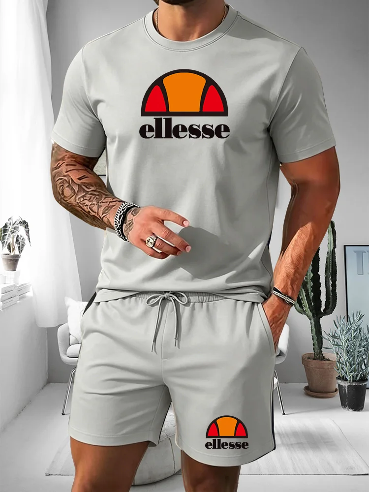 Ellesse Men's Summer Casual Sports Set Short Sleeve T-Shirt + Shorts Two-Piece Trendy Print Breathable Quick-Dry Fitness Wear