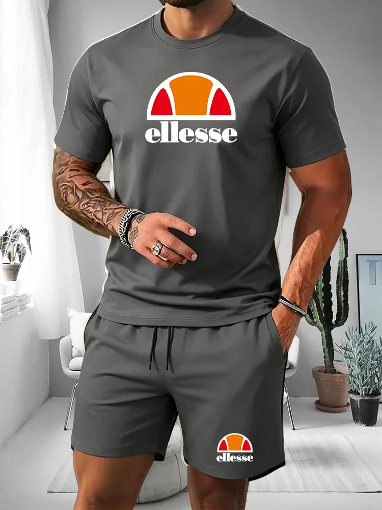 Ellesse Men's Summer Casual Sports Set Short Sleeve T-Shirt + Shorts Two-Piece Trendy Print Breathable Quick-Dry Fitness Wear