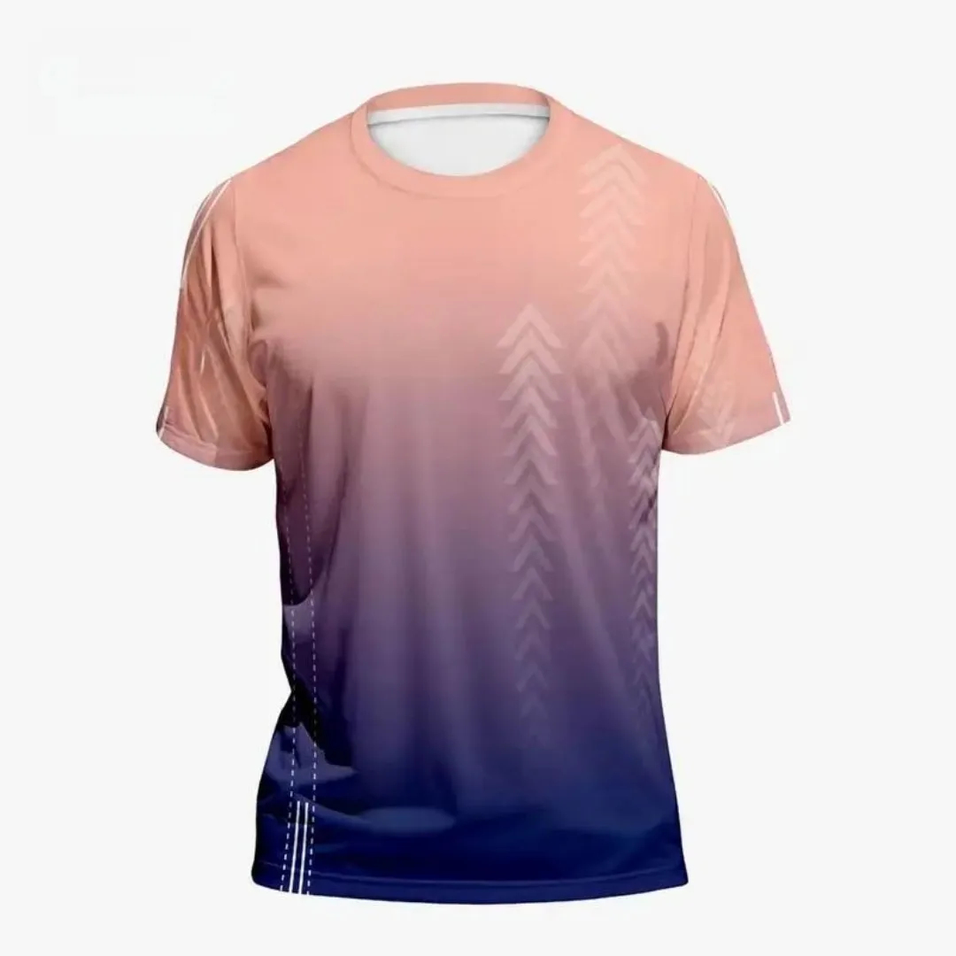 Hot Selling Men's Summer Badminton Training Gradient Print Comfortable and Breathable Round Neck T-Shirt Outdoor Sports Top