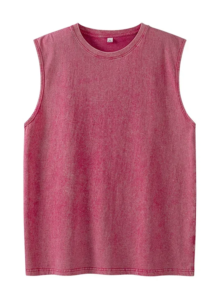 Men Acid Washed Tank Top 230G Cotton Sleeveless T Shirt Summer Vintage Muscle Gym Loose Shoulder Streetwear Beach Vest Tee
