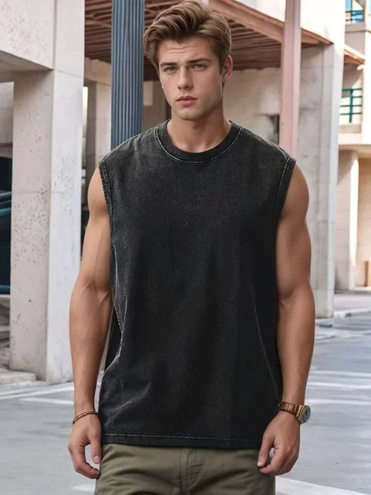 Men Acid Washed Tank Top 230G Cotton Sleeveless T Shirt Summer Vintage Muscle Gym Loose Shoulder Streetwear Beach Vest Tee