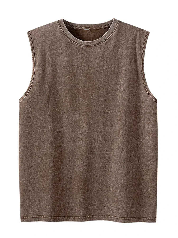 Men Acid Washed Tank Top 230G Cotton Sleeveless T Shirt Summer Vintage Muscle Gym Loose Shoulder Streetwear Beach Vest Tee