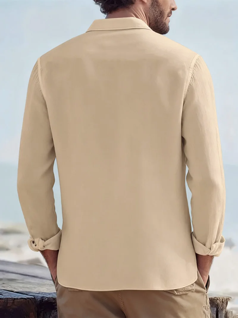 Men Spring Autumn Solid Color Linen Cardigan Lapel Collar Long Sleeve Shirt Breathable Button Top Daily Leisure Outdoor Wear