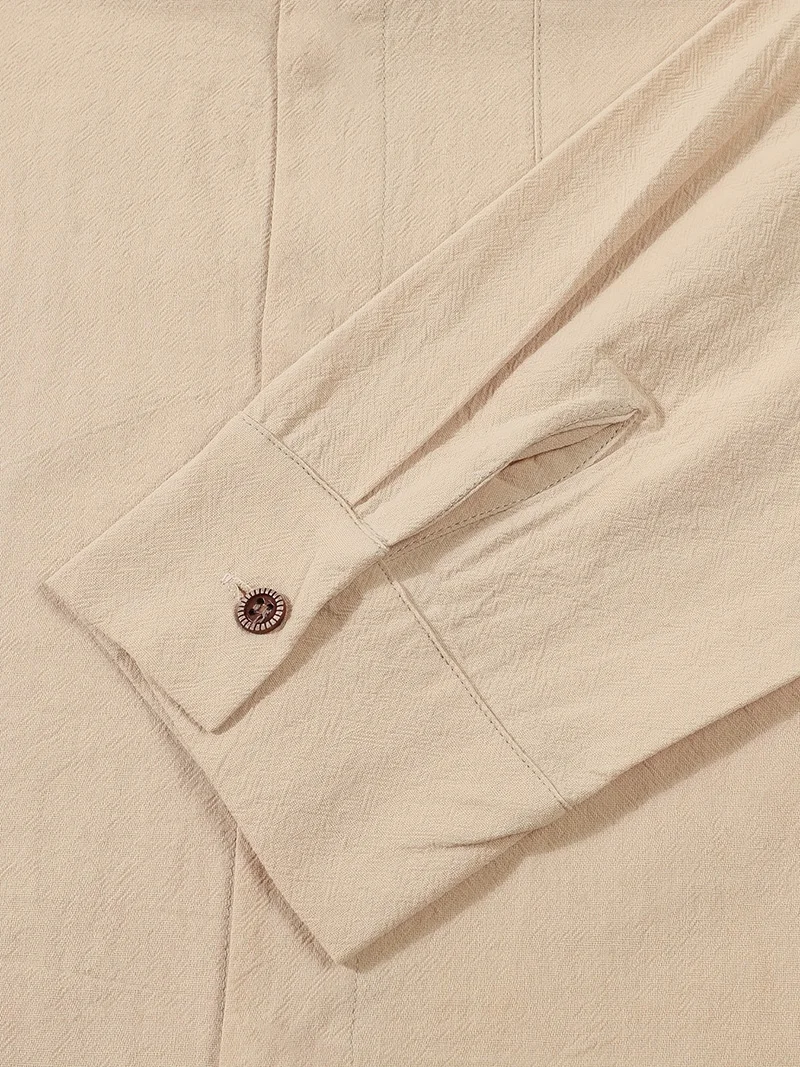 Men Spring Autumn Solid Color Linen Cardigan Lapel Collar Long Sleeve Shirt Breathable Button Top Daily Leisure Outdoor Wear
