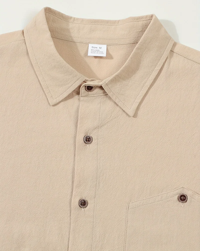 Men Spring Autumn Solid Color Linen Cardigan Lapel Collar Long Sleeve Shirt Breathable Button Top Daily Leisure Outdoor Wear