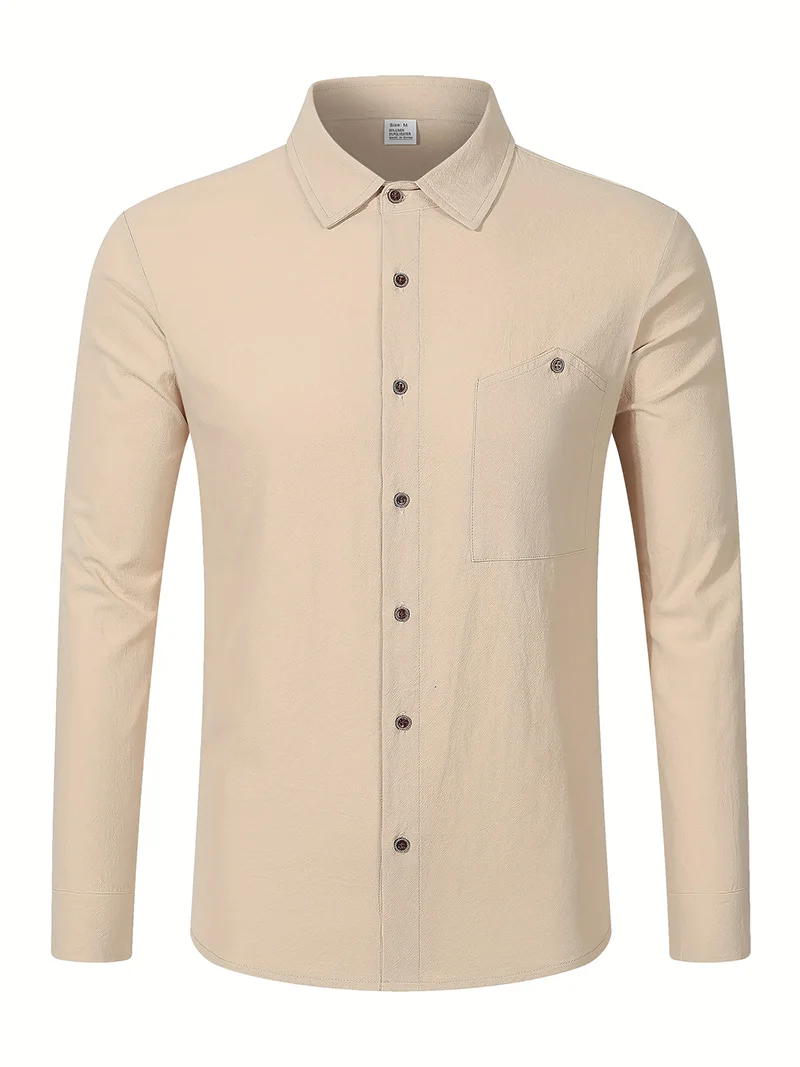 Men Spring Autumn Solid Color Linen Cardigan Lapel Collar Long Sleeve Shirt Breathable Button Top Daily Leisure Outdoor Wear