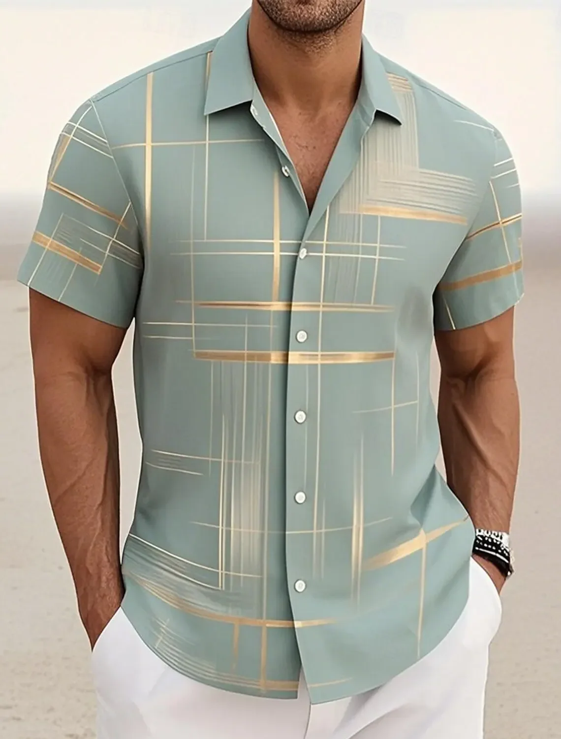 Summer Men's Geometric Grid Plaid Shirts Short SleeveTurndown Hawaiian Shirt Button Up Shirts No Pockets Shirts