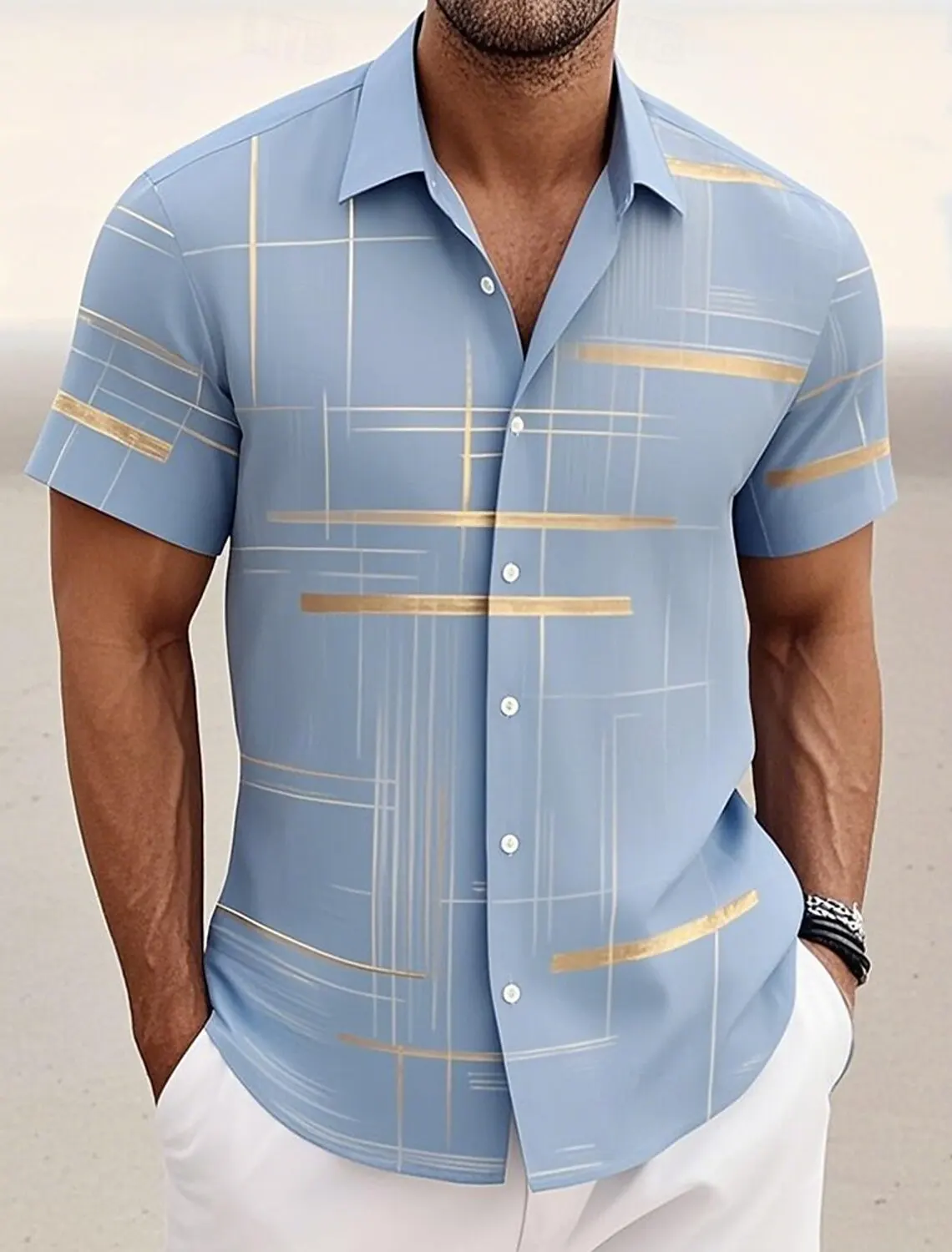 Summer Men's Geometric Grid Plaid Shirts Short SleeveTurndown Hawaiian Shirt Button Up Shirts No Pockets Shirts