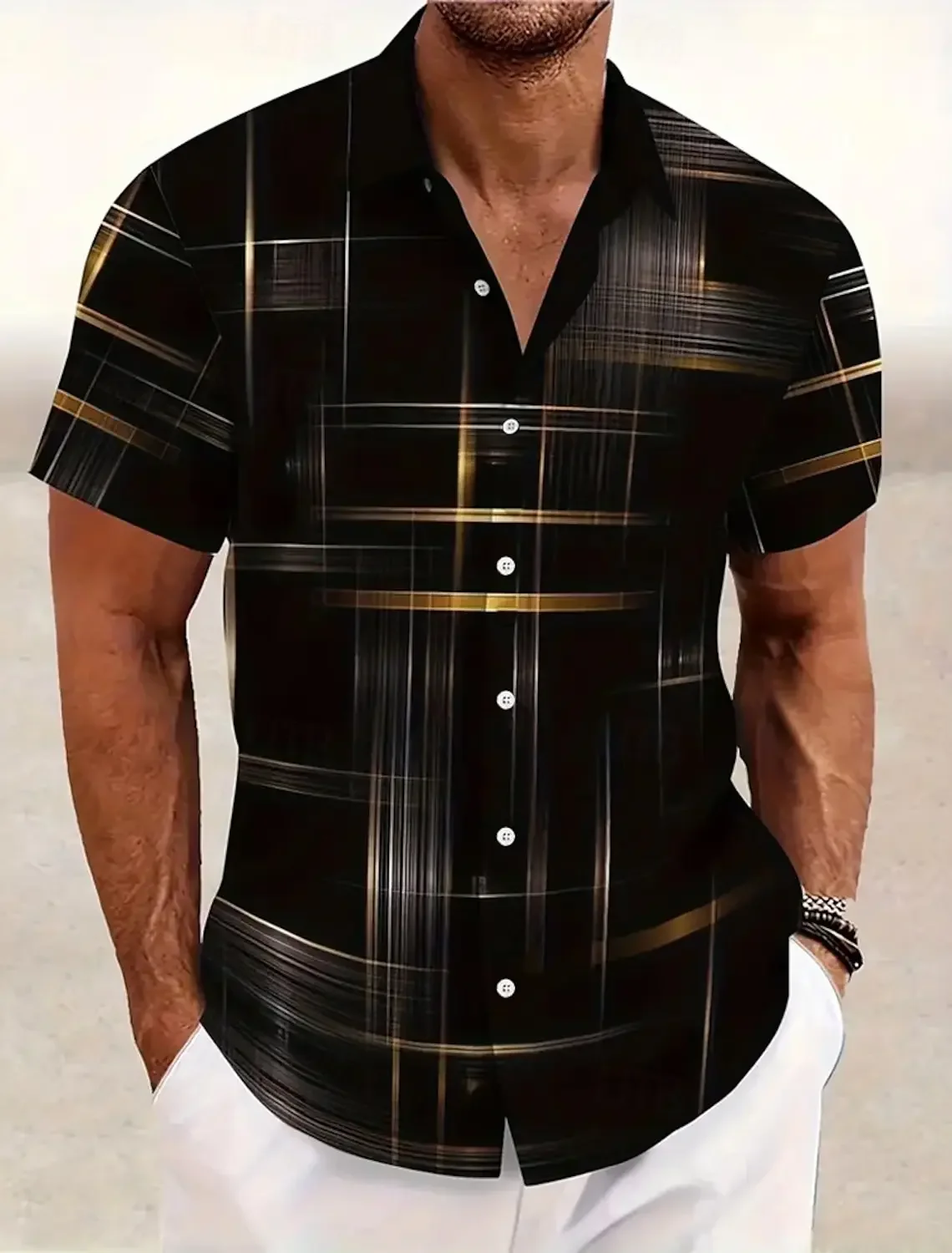 Summer Men's Geometric Grid Plaid Shirts Short SleeveTurndown Hawaiian Shirt Button Up Shirts No Pockets Shirts