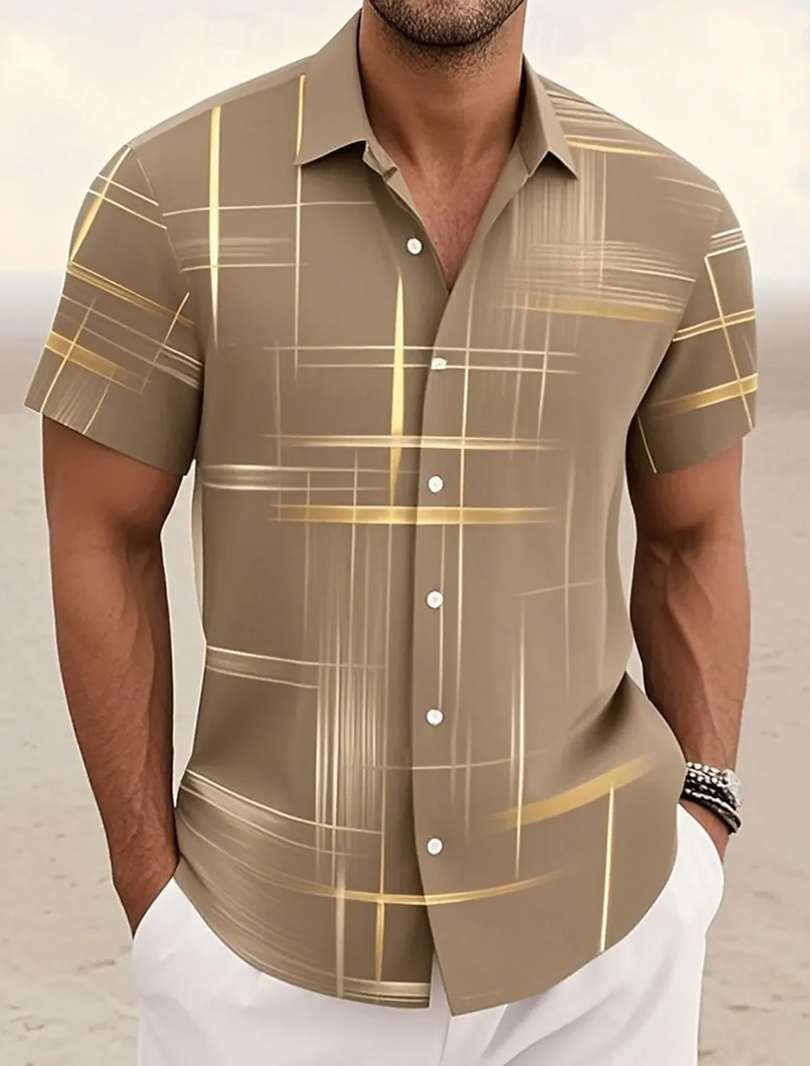 Summer Men's Geometric Grid Plaid Shirts Short SleeveTurndown Hawaiian Shirt Button Up Shirts No Pockets Shirts