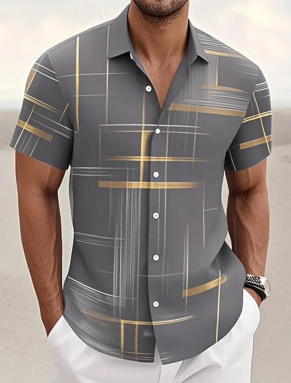 Summer Men's Geometric Grid Plaid Shirts Short SleeveTurndown Hawaiian Shirt Button Up Shirts No Pockets Shirts