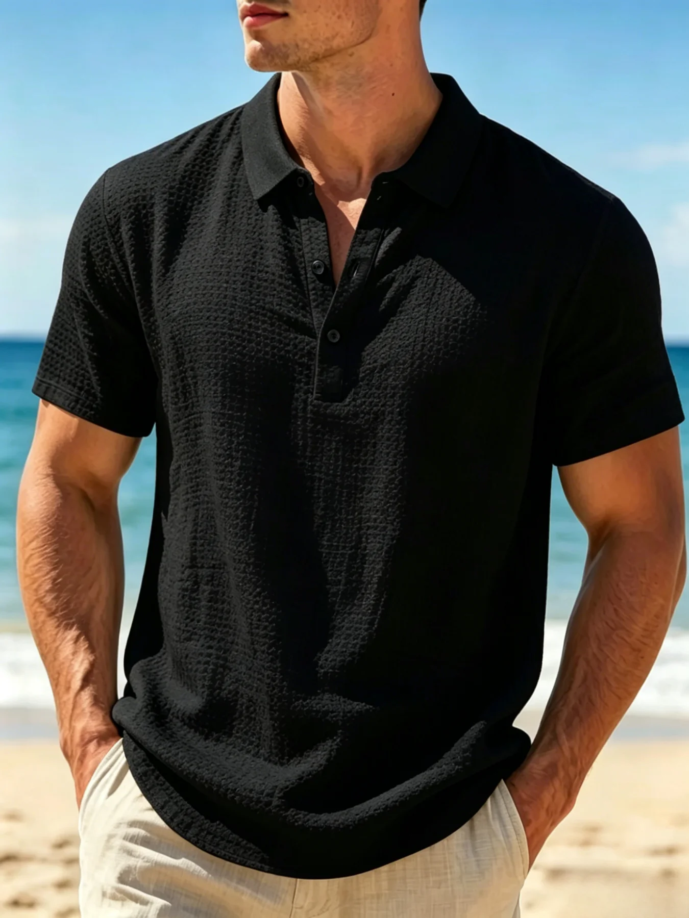 Men's Waffle Textured Polo Shirt 95 Polyester 5 Spandex Breathable Short Sleeve Casual Summer Beach Solid Collared Tee
