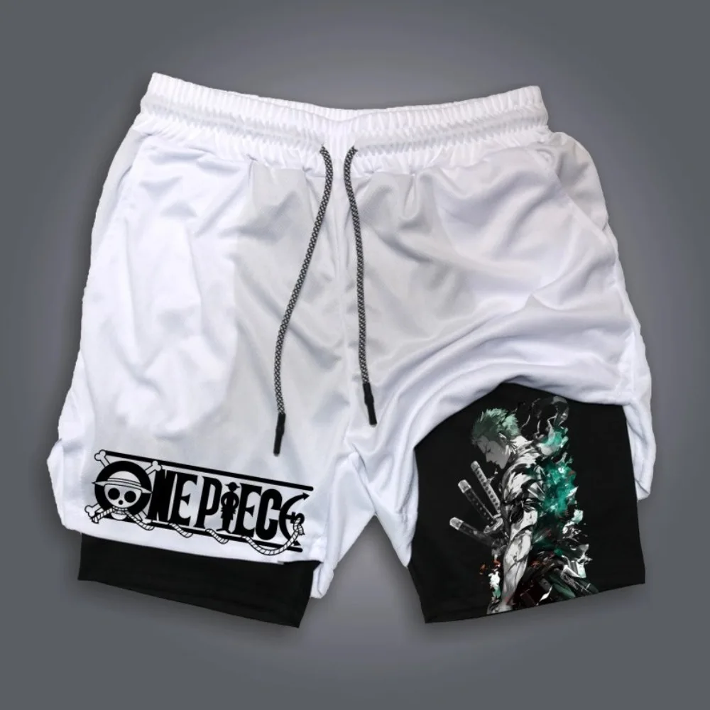 One Piece Men's Shorts Double Layer 2-in-1 Shorts Roronoa Zoro Japanese Anime Summer and Autumn Fake Two-piece Printed Shorts