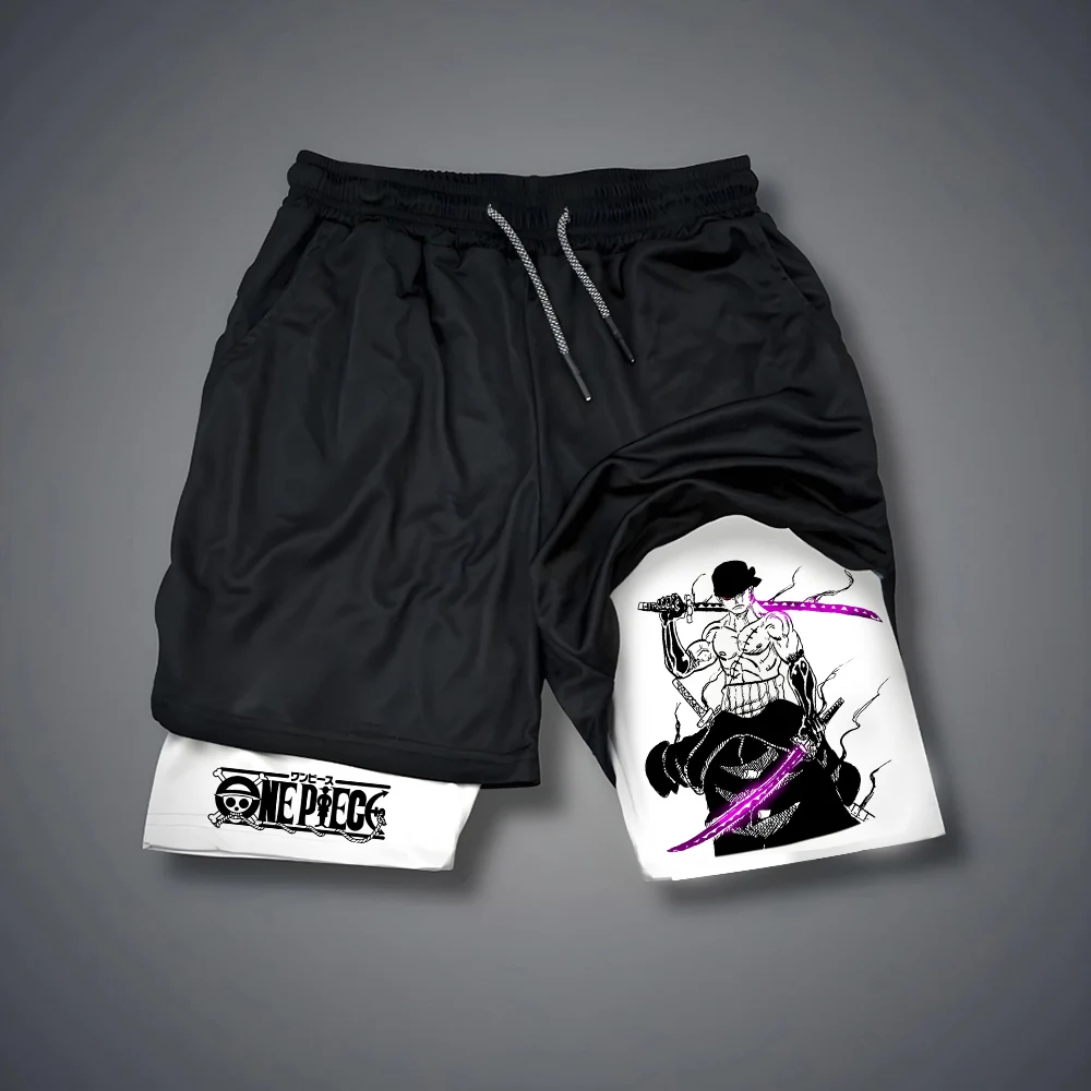 One Piece Men's Shorts Double Layer 2-in-1 Shorts Roronoa Zoro Japanese Anime Summer and Autumn Fake Two-piece Printed Shorts