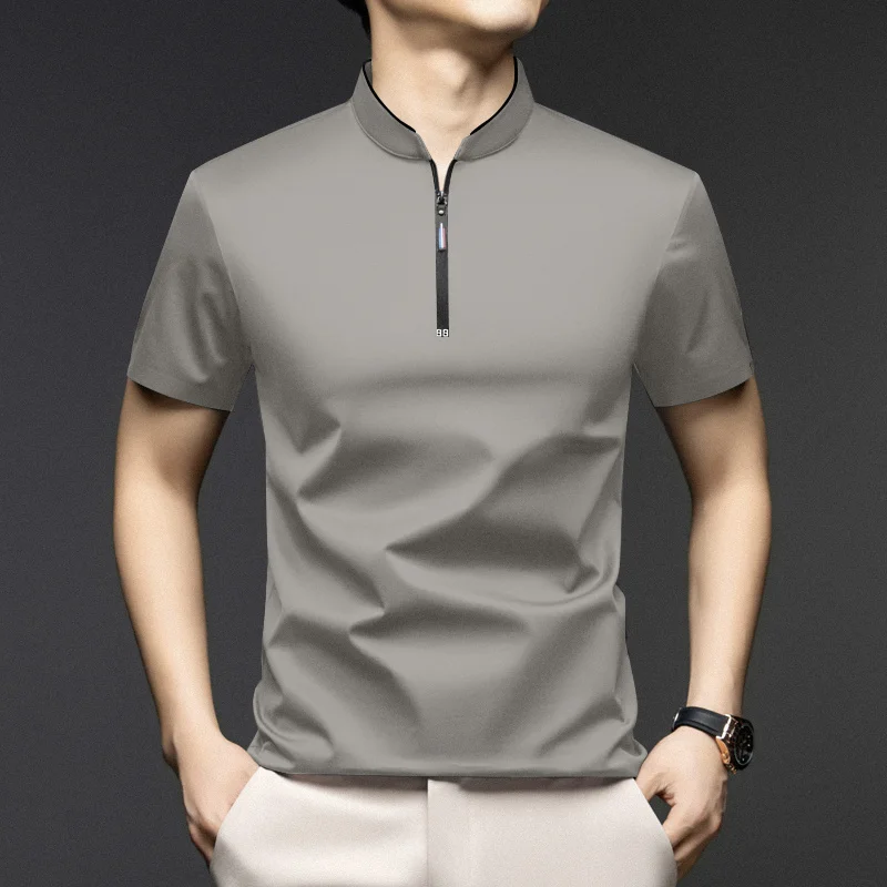 Men Stand Collar Half Zip Short Sleeve T Shirt Slim Fit Soft Fabric Casual Business Basic Tops Daily Wear Pullover
