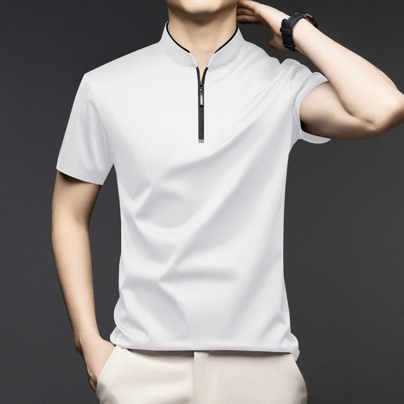 Men Stand Collar Half Zip Short Sleeve T Shirt Slim Fit Soft Fabric Casual Business Basic Tops Daily Wear Pullover