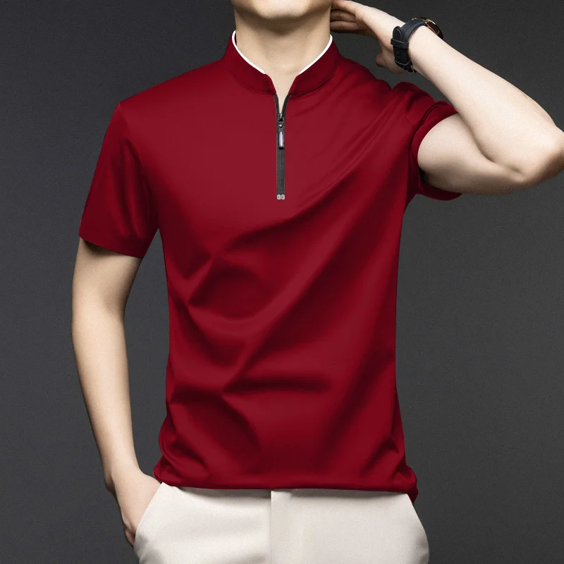 Men Stand Collar Half Zip Short Sleeve T Shirt Slim Fit Soft Fabric Casual Business Basic Tops Daily Wear Pullover
