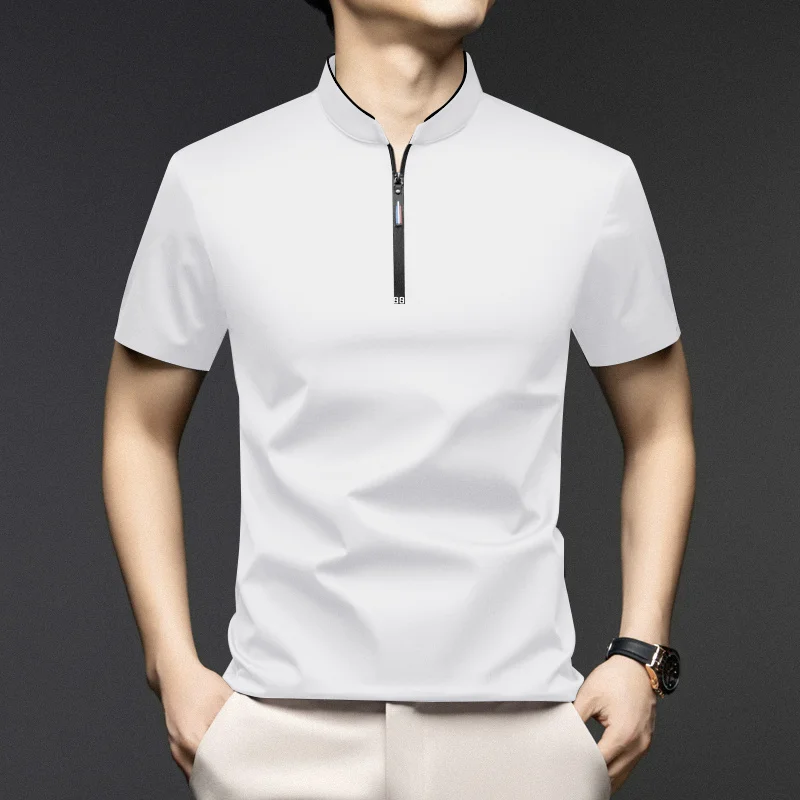 Men Stand Collar Half Zip Short Sleeve T Shirt Slim Fit Soft Fabric Casual Business Basic Tops Daily Wear Pullover