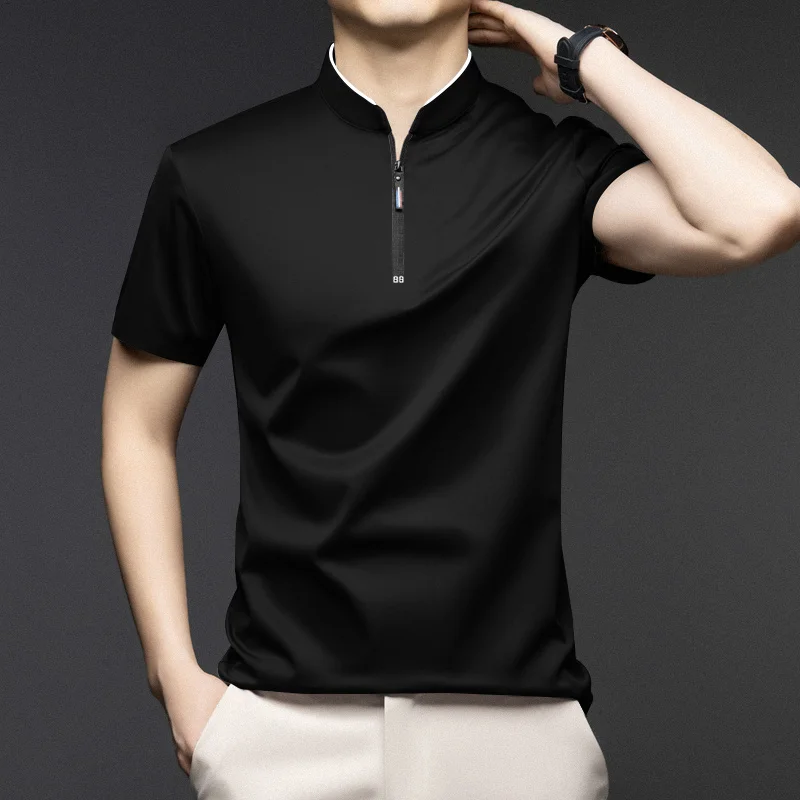 Men Stand Collar Half Zip Short Sleeve T Shirt Slim Fit Soft Fabric Casual Business Basic Tops Daily Wear Pullover