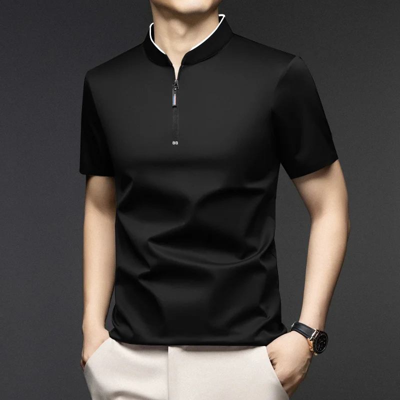 Men Stand Collar Half Zip Short Sleeve T Shirt Slim Fit Soft Fabric Casual Business Basic Tops Daily Wear Pullover