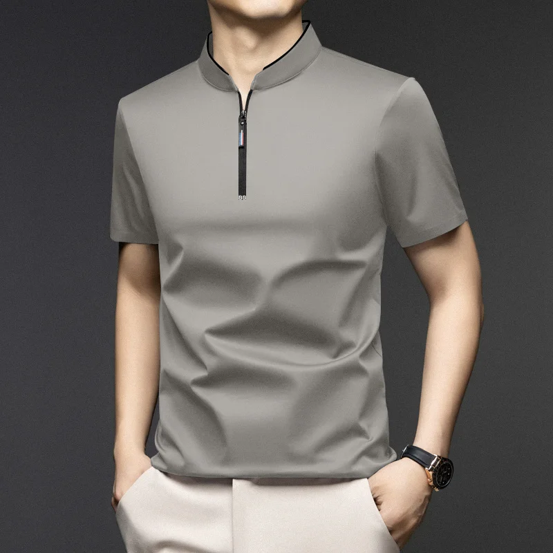 Men Stand Collar Half Zip Short Sleeve T Shirt Slim Fit Soft Fabric Casual Business Basic Tops Daily Wear Pullover