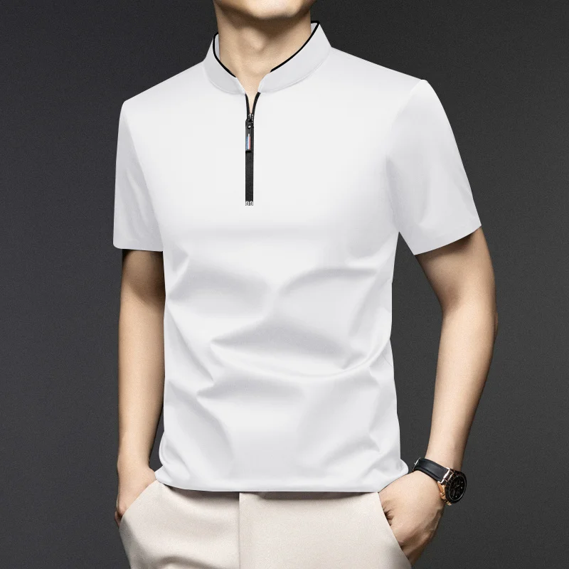 Men Stand Collar Half Zip Short Sleeve T Shirt Slim Fit Soft Fabric Casual Business Basic Tops Daily Wear Pullover