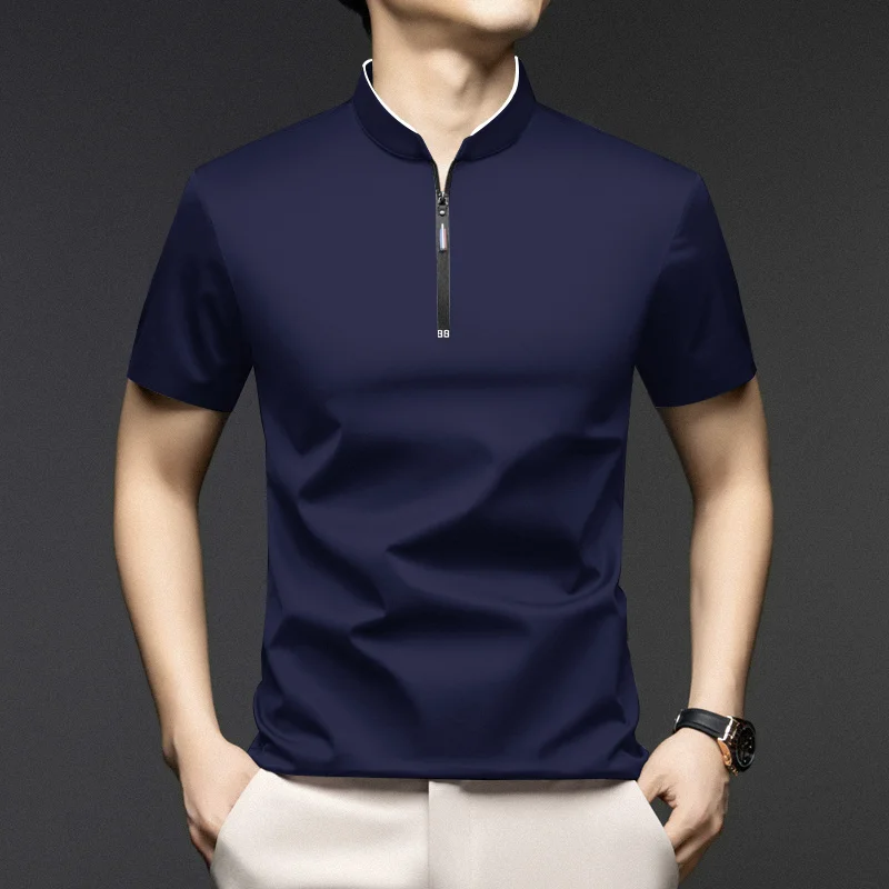 Men Stand Collar Half Zip Short Sleeve T Shirt Slim Fit Soft Fabric Casual Business Basic Tops Daily Wear Pullover