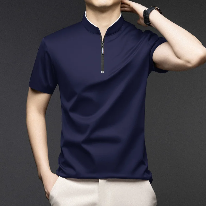 Men Stand Collar Half Zip Short Sleeve T Shirt Slim Fit Soft Fabric Casual Business Basic Tops Daily Wear Pullover
