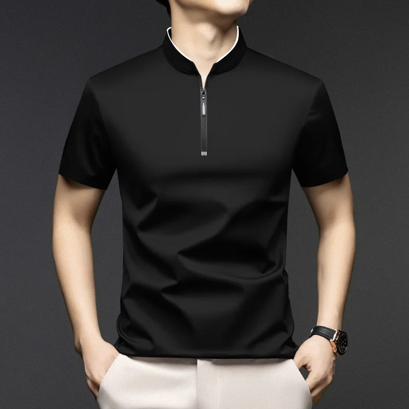 Men Stand Collar Half Zip Short Sleeve T Shirt Slim Fit Soft Fabric Casual Business Basic Tops Daily Wear Pullover