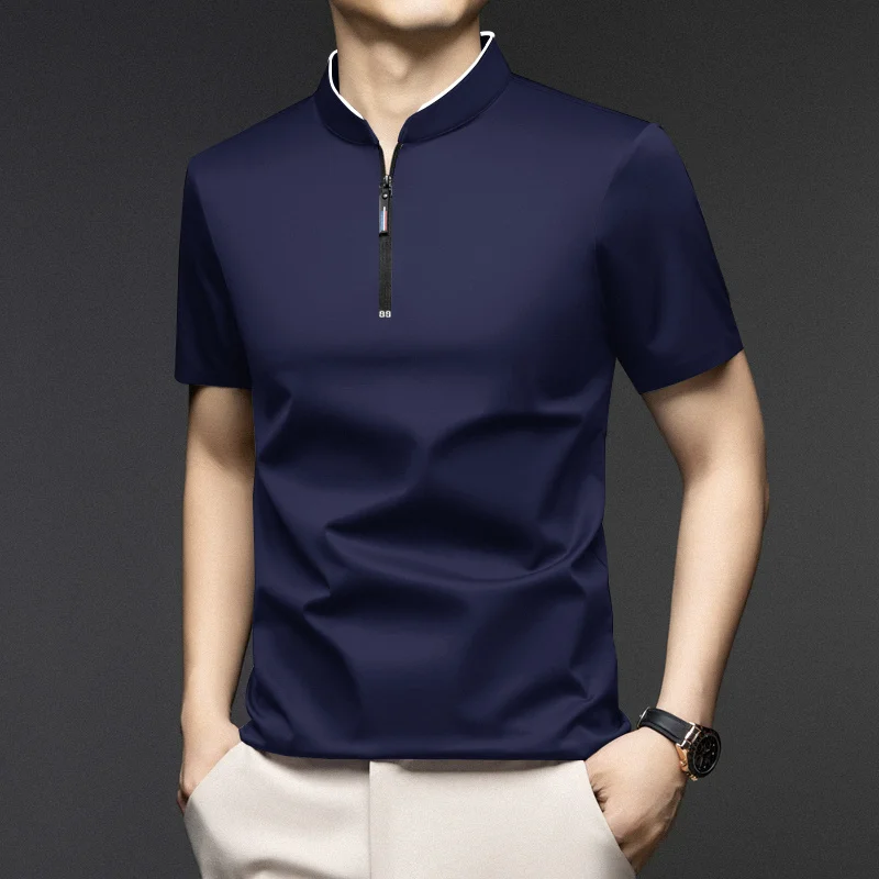 Men Stand Collar Half Zip Short Sleeve T Shirt Slim Fit Soft Fabric Casual Business Basic Tops Daily Wear Pullover