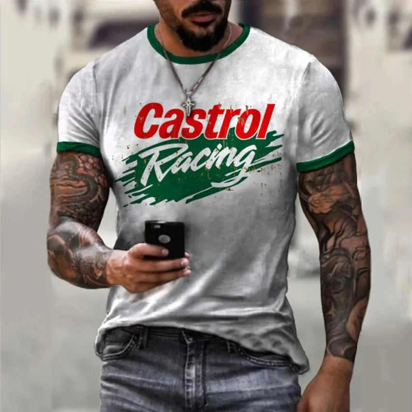 3d Tshirts For Men Vintage Oil T-shirt Street Fashion Castrol Printed Short-sleeved Loose Oversized Motorcycle T-shirt Tops Tees