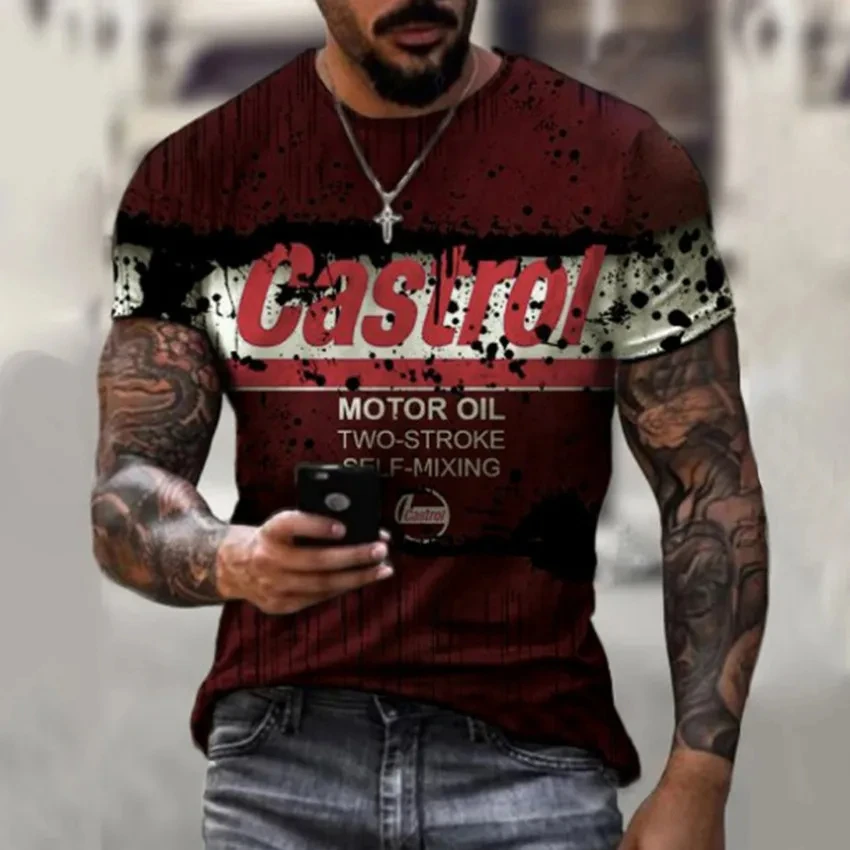 3d Tshirts For Men Vintage Oil T-shirt Street Fashion Castrol Printed Short-sleeved Loose Oversized Motorcycle T-shirt Tops Tees