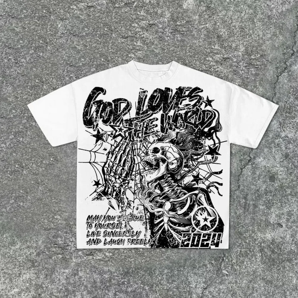 Summer men's fashion style skull print comfortable and breathable with round neck T-shirt outdoor warning top