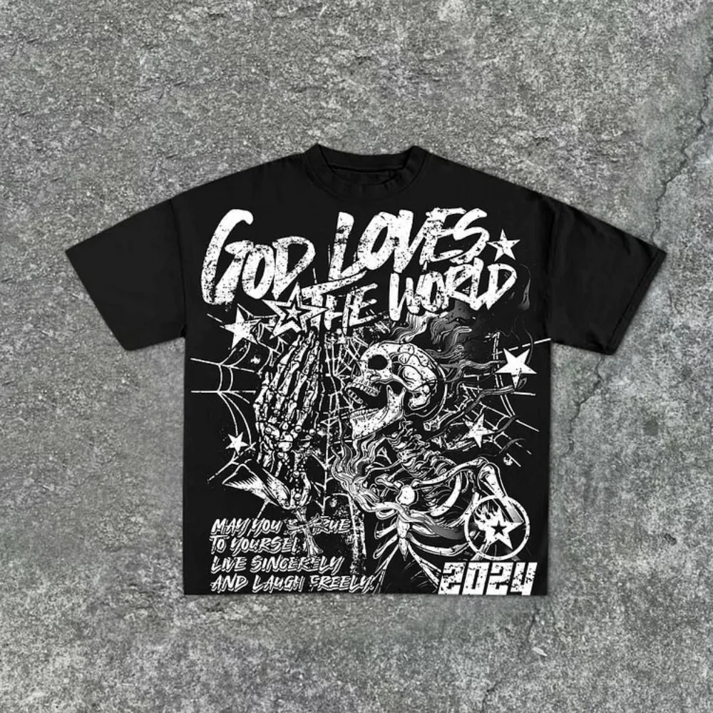 Summer men's fashion style skull print comfortable and breathable with round neck T-shirt outdoor warning top