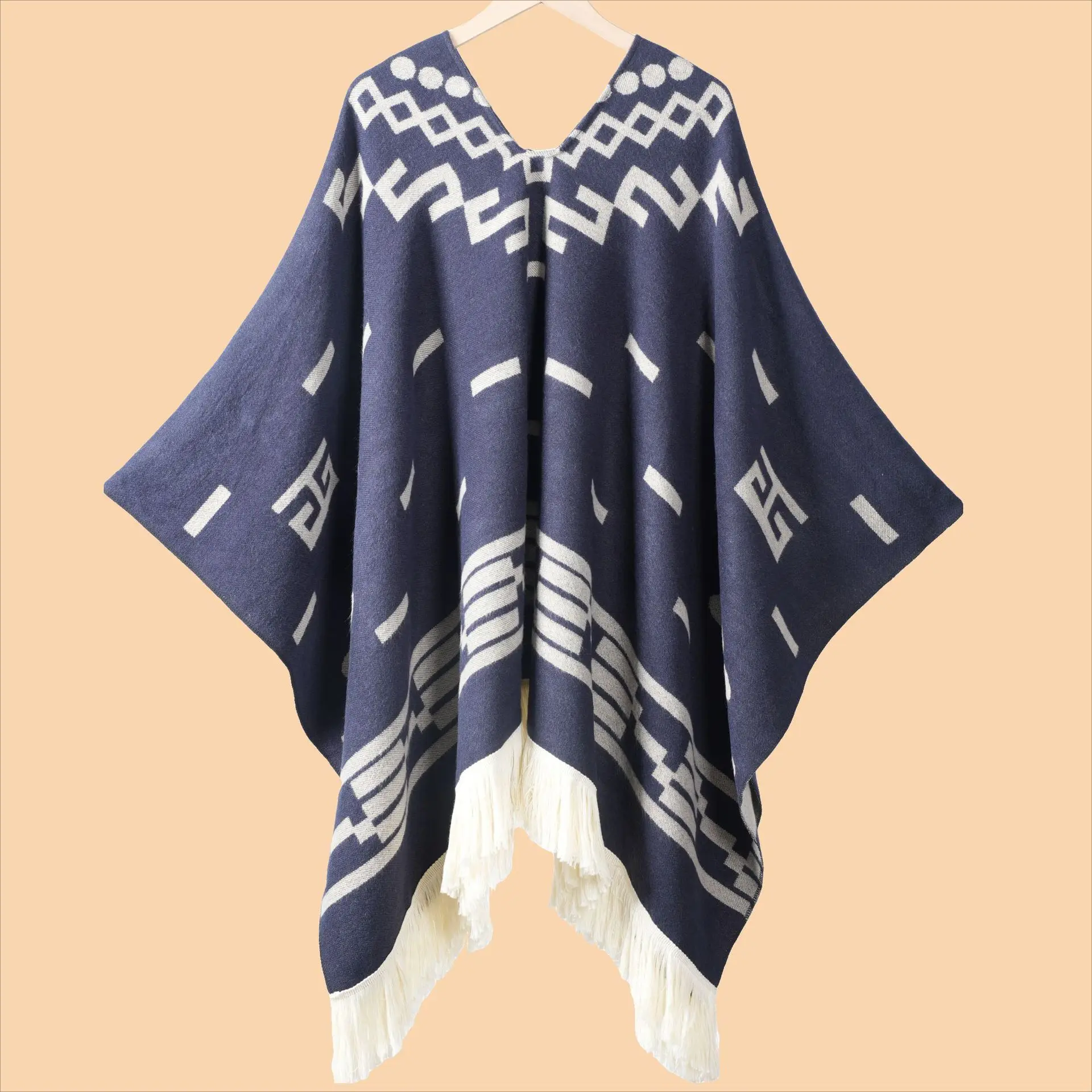 Men's Cape Fashionable Knitted Fringed Pullover Mantle Men Thickened Warm Large Shawl Wool-like Material Winter Season