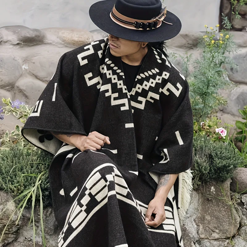 Men's Cape Fashionable Knitted Fringed Pullover Mantle Men Thickened Warm Large Shawl Wool-like Material Winter Season