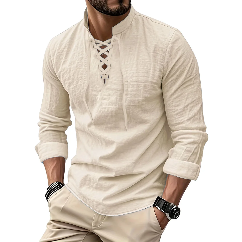 Men's Vintage V-neck T-shirt Cotton Linen Pirate Medieval Viking Gothic Tops Shirts Long Sleeved Cospaly Halloween Party Top