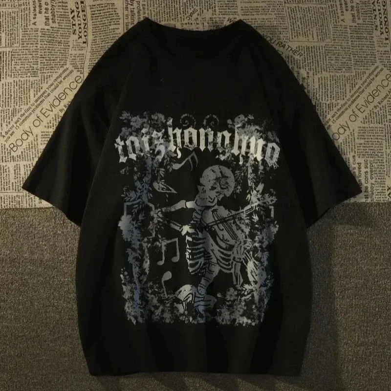 M-8XL American Street Trendy Brand Skull Element Print Trendy Men's T-shirt High Street Trendy Men's Clothing