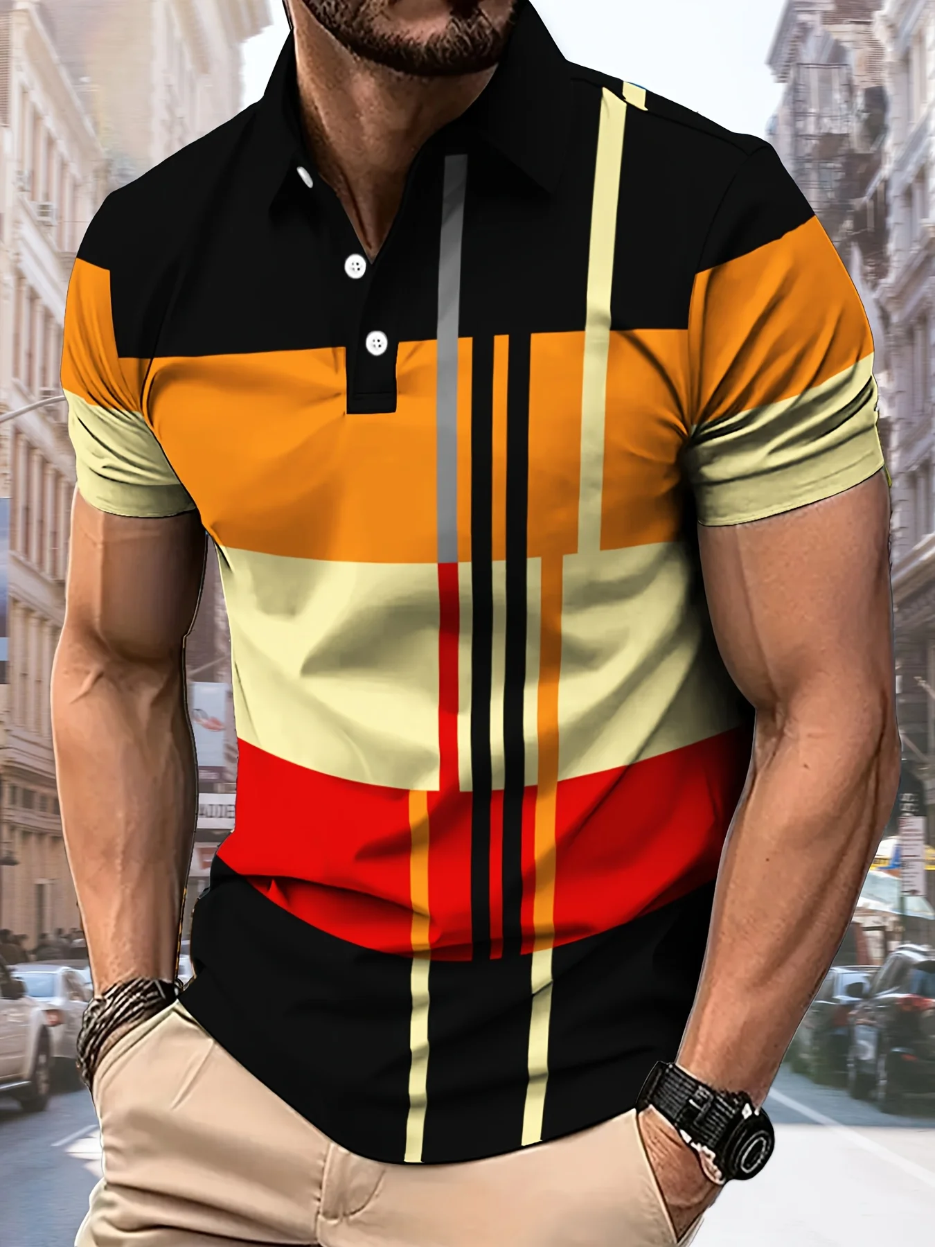 The 2025 Summer New Men's POLO Shirt Features a Casual Fashionable Comfortable and Breathable 3D Striped Pattern Print
