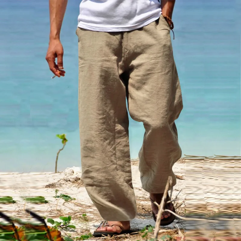 2025 New Men's Cotton Linen Pants Loose Autum Casual Pants Male Breathable Solid Color Drawstring Jogger Yoga Long Trousers