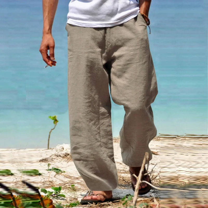 2025 New Men's Cotton Linen Pants Loose Autum Casual Pants Male Breathable Solid Color Drawstring Jogger Yoga Long Trousers