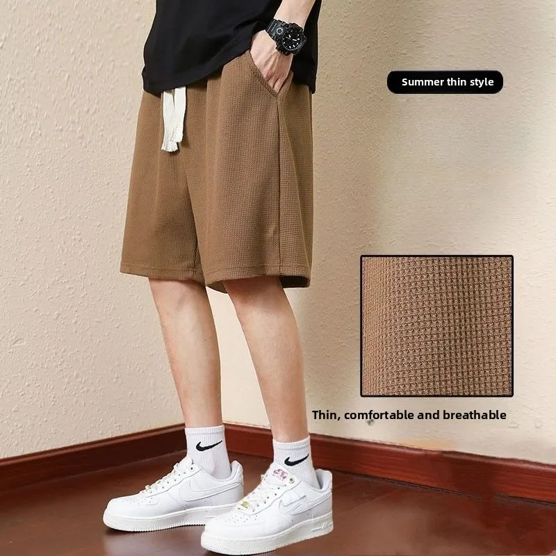 Men's Solid Color Summer Waffle Shorts for Casual, Loose, Breathable, Thin, Basketball Sports, Cropped Shorts, Beach Pants