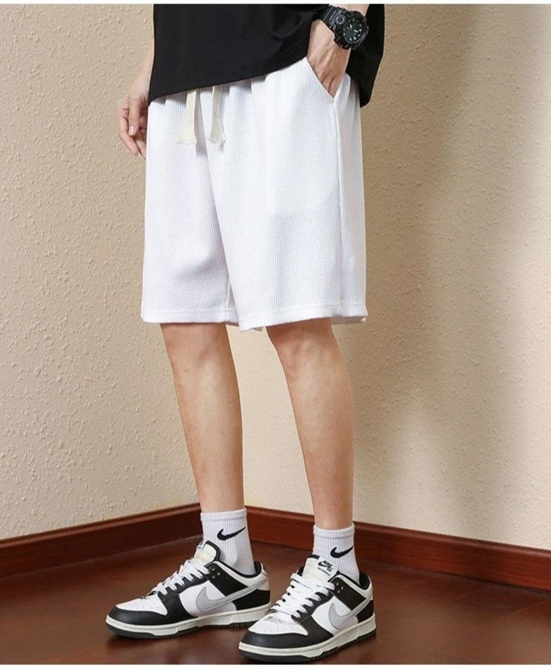 Men's Solid Color Summer Waffle Shorts for Casual, Loose, Breathable, Thin, Basketball Sports, Cropped Shorts, Beach Pants